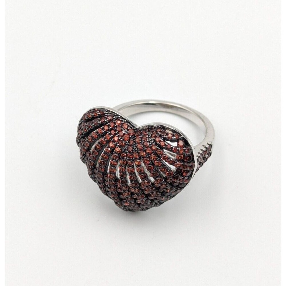 DK 925 Sterling Silver Pave Red Cubic Zircon Heart Cocktail Statement Ring Sz 7